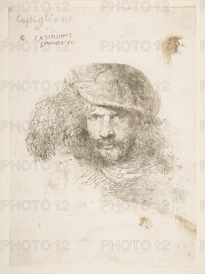 Head of a man wearing a feathered cap