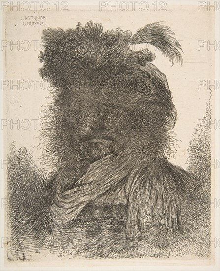 Head of a man in shadow turned slightly to the left, from the series of 'Large Or..., ca. 1645-1650. Creator: Giovanni Benedetto Castiglione.