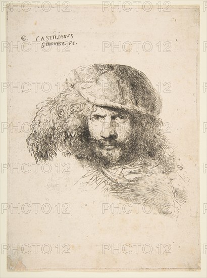 Head of a man wearing a feathered cap