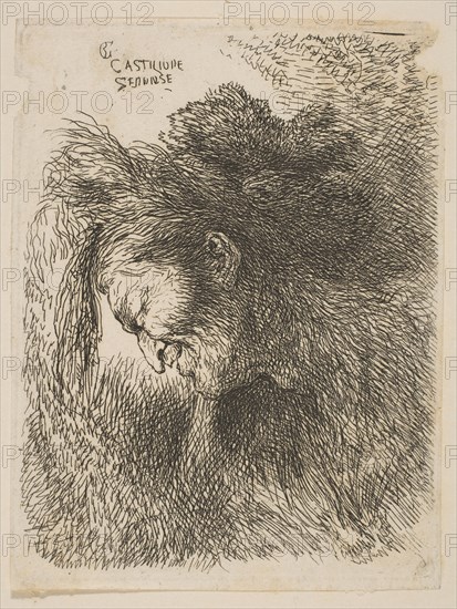 Head of an old man looking down, facing left, from the series 'Small Studies of He..., ca 1645-1650. Creator: Giovanni Benedetto Castiglione.