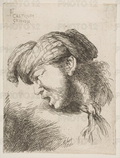 Man wearing a turban, a tie fastened around his neck, facing left, from the series of..., 1645-1650. Creator: Giovanni Benedetto Castiglione.