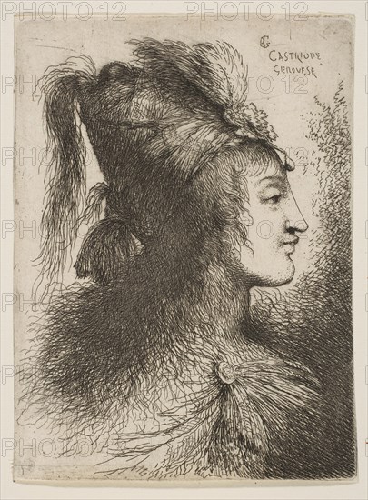 Young man wearing a plumed turban, facing right, from the series of 'Small Heads ..., ca. 1645-1650. Creator: Giovanni Benedetto Castiglione.