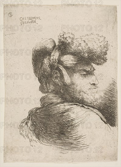 Man in profile facing right, wearing a fur hat, from series of 'Small Heads in Or..., ca. 1645-1650. Creator: Giovanni Benedetto Castiglione.