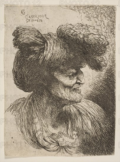 Bust of beardless old man in profile facing right, from the series of 'Small Head..., ca. 1645-1650. Creator: Giovanni Benedetto Castiglione.