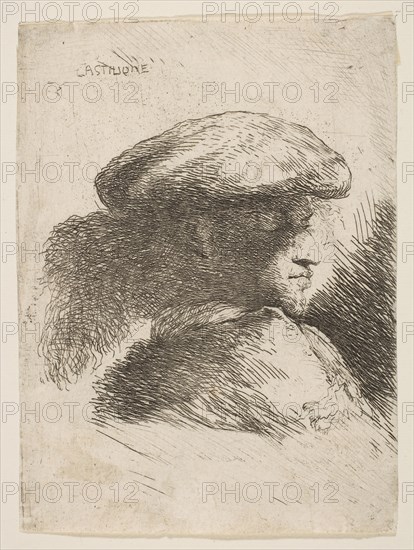 Man in profile facing right, wearing a fur hat, from series of 'Small Heads in Or..., ca. 1645-1650. Creator: Giovanni Benedetto Castiglione.