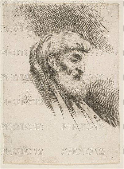 Head of an old bearded man facing right, from the series of 'Small Heads in Orien..., ca. 1645-1650. Creator: Giovanni Benedetto Castiglione.