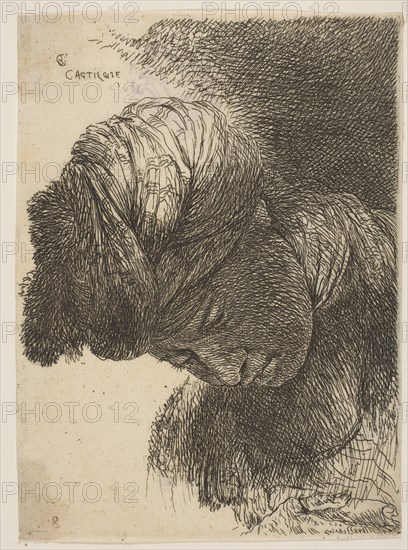 Young man with his head lowered, wearing a turban, facing left, from the series o..., ca. 1645-1650. Creator: Giovanni Benedetto Castiglione.