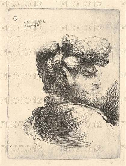 Man in profile facing right, wearing a fur hat, from series of 'Small Heads in Or..., ca. 1645-1650. Creator: Giovanni Benedetto Castiglione.