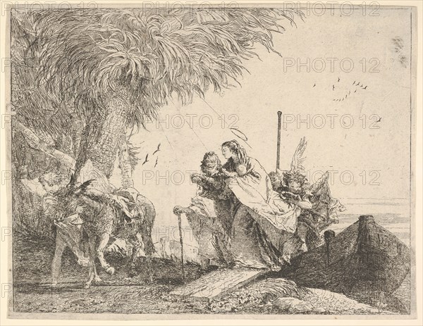 Mary, helped by Joseph and an angel, stepping from a boat to the shore, an angel steadies ..., 1753. Creator: David Giovanni.