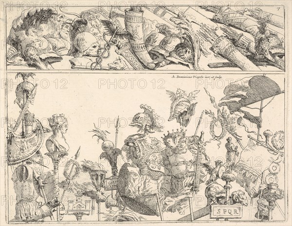 Roman arms, standards, and trophies, a composition divided into two horizontal bands, 1774. Creator: Giovanni Battista Tiepolo.
