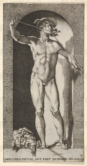 Plate 14: Mercury standing in a niche playing his pipes, with the severed head of an old m..., 1526. Creator: Giovanni Jacopo Caraglio.