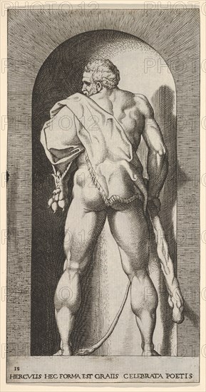 Plate 15: Hercules standing in a niche, wearing a lion skin and holding a club, viewed fro..., 1526. Creator: Giovanni Jacopo Caraglio.