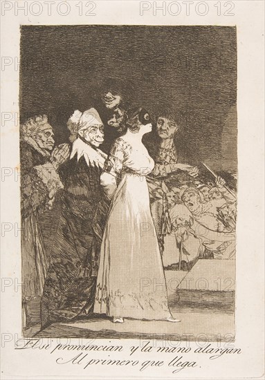 Plate 2 from 'Los Caprichos' : They say yes and give their hand to the first comer (El si ..., 1799. Creator: Francisco Goya.