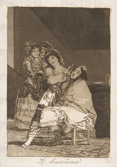 Plate 35 from 'Los Caprichos': She fleeces him