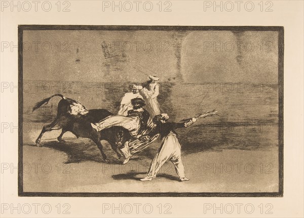 Plate 8 from the 'Tauromaquia': A moor caught by the bull in the ring, ca. 1816. Creator: Francisco Goya.