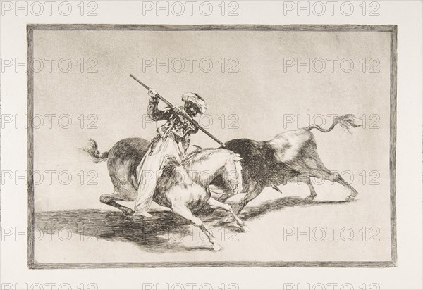 Plate 5 from 'The Tauromaquia': The spirited Moor Gazul is the first to spear bulls accord..., 1816. Creator: Francisco Goya.