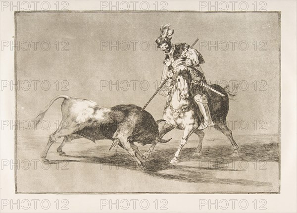 Plate 11 from the 'Tauromaquia': The Cid campeador spearing another bull., 1816. Creator: Francisco Goya.