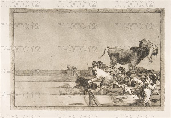 Plate 21 from the 'Tauromaquia': Dreadful events in the front rows of the ring at Madrid a..., 1816. Creator: Francisco Goya.