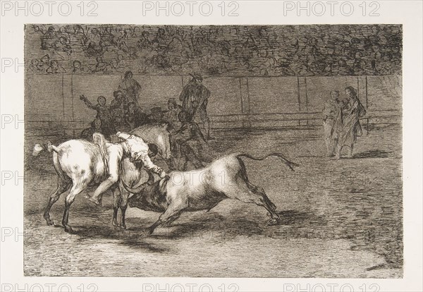 Plate 23 from the 'Tauromaquia':Mariano Ceballos, alias the Indian, kills the bull from hi..., 1816. Creator: Francisco Goya.