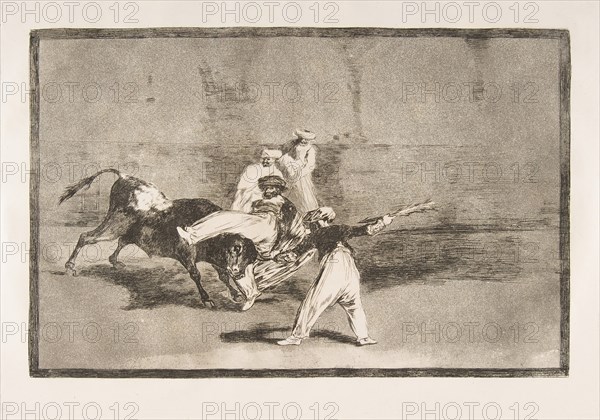 Plate 8 of the'Tauromaquia': A Moor caught by the bull in the ring, 1816. Creator: Francisco Goya.