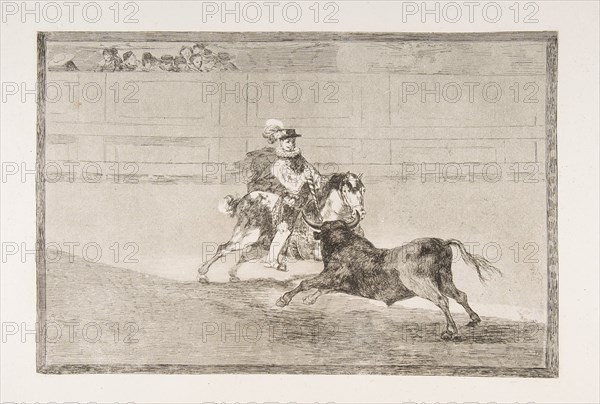 Plate 13 of the 'Tauromaquia': A Spanish mounted knight in the ring breaking short spears ..., 1816. Creator: Francisco Goya.