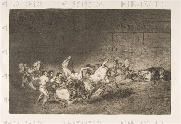 Plate 32 from the 'Tauromaquia':Two teams of picadors thrown one after the other by a sing..., 1816. Creator: Francisco Goya.