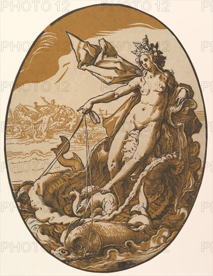 Tethys reclining in a giant shell chariot pulled by two sea creatures, 1588-90. Creator: Hendrik Goltzius.