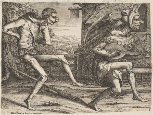 Two Fools Dancing from Two and Three Fools of the Carnival, 1642. Creator: Hendrick Hondius I.