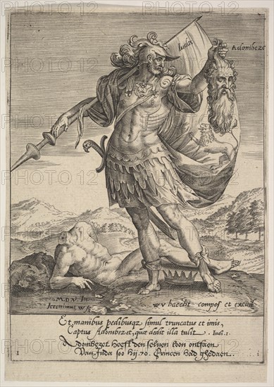 Judah with the Head of Adonibezek, from Willem van Haecht, Tyrannorum proemia, 1578, 1578. Creator: Hieronymous Wierix.