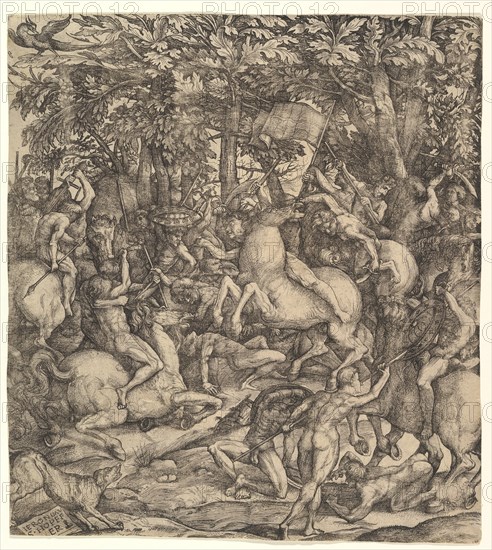 Battle between cavalry and infantry in a wood, 16th century. Creator: Hieronymus Hopfer.