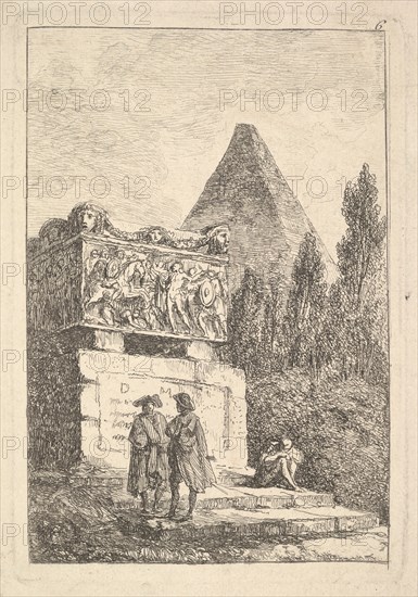 Plate 6: The Sarcophagus: two men conversing to left, another man seated and sleepi..., ca. 1763-64. Creator: Hubert Robert.