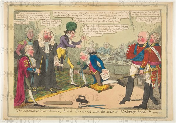 The Ceremony of Investiture of My L**d S**m**th with the Order of Cabbage-hood, ca. June 1819. Creator: JL Marks.