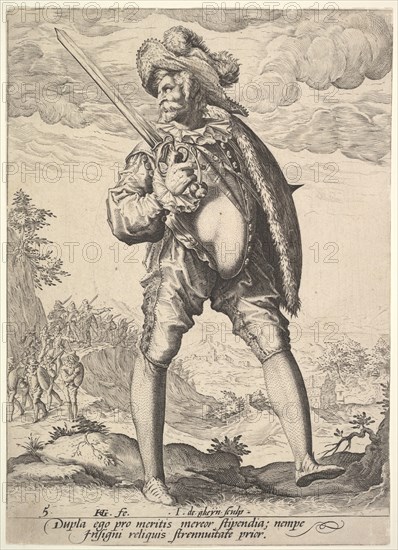 Soldier, Armed with Broadsword and Shield, from Officers and Soldiers, 1587. Creator: Jacques de Gheyn II.