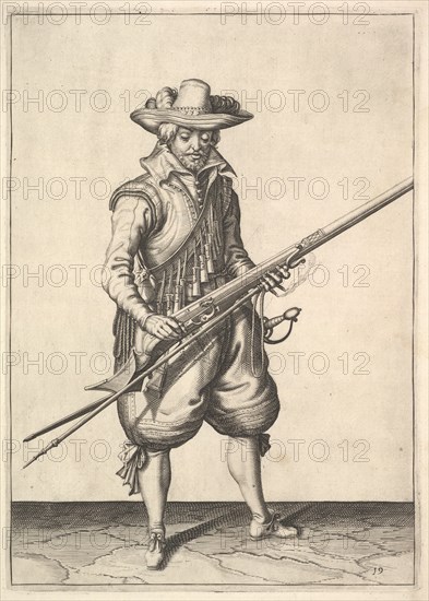 A soldier shaking the powder from the top of the pan, from the Musketeers series, plate 19, in.... Creator: Unknown.