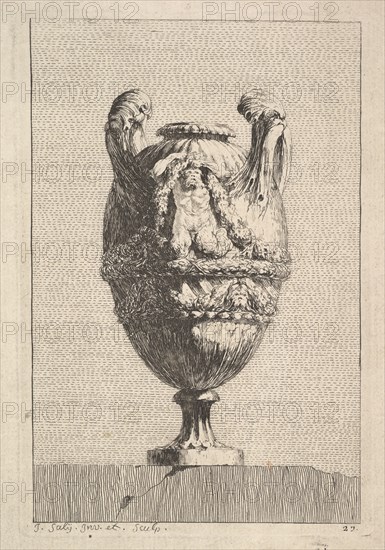 Vase with a Male Siren holding up a Garland, from: Vases, 1746. Creator: Jacques Francois Joseph Saly.