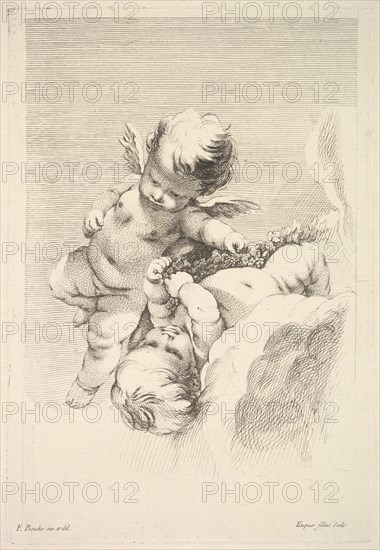 Two Cupids, One Holding a Wreath, mid to late 18th century. Creator: Jacques Gabriel Huquier.