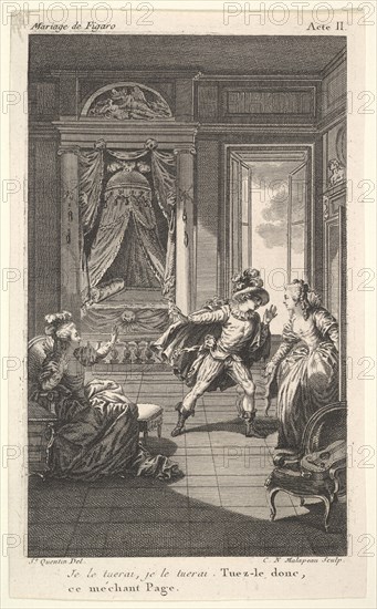 A man leans toward a woman standing in a doorway at right, at left a seated woman rais..., ca. 1784. Creator: Claude Nicolas Malapeau.