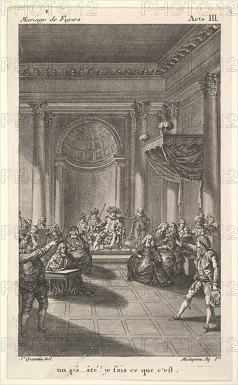 A man seated in a chair on a stepped platform holds an audience, two pointing men stan..., ca. 1784. Creator: Claude Nicolas Malapeau.