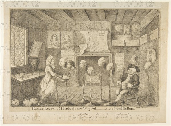 Razor's Levée, or Ye Heads of a New Wig Ad[ministration] on a Broad Bottom, April 21, 1783. Creator: James Sayers.