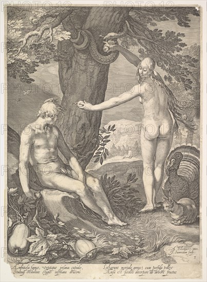 Eve Giving Adam the Forbidden Fruit; from "The Story of Adam and Eve". Creator: Jan Saenredam.