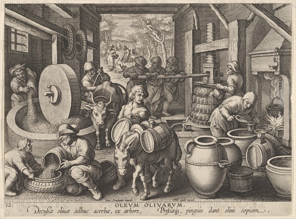 New Inventions of Modern Times [Nova Reperta], The Invention of the Olive Oil Press, p..., ca. 1600. Creator: Jan Collaert I.