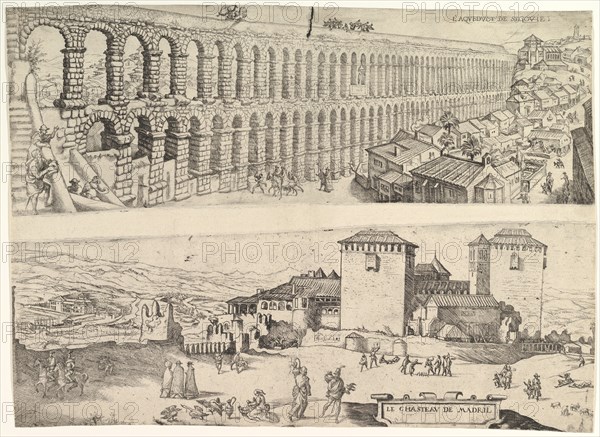 The Aqueduct at Segovia and The Castle of Madrid, 1500-1599. Creator: Jan Cornelisz Vermeyen.