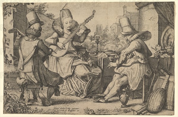 Two Elegantly Dressed Men and a Woman in a Garden, 1613-41. Creator: Jan van de Velde II.