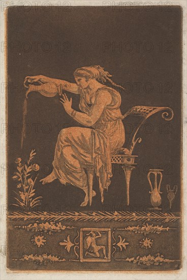 Jeune femme drapée, assise, arrosant une plante