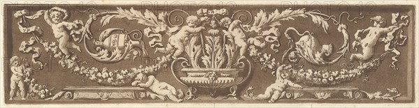 Ornamental frieze with putti, acanthus leaves, and garlands of fruit, from Recueil de Diff..., 1784. Creator: Jean Jacques Lagrenee.