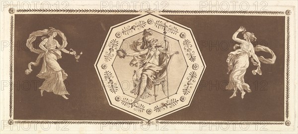 Minerve assisse dans un octagone décoratif, avec une figure à gauche et à doroite
