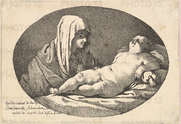 The Virgin at left watching the infant Christ as he sleeps, an oval composition, after ..., 1760-63. Creator: Jean Jacques Lagrenee.