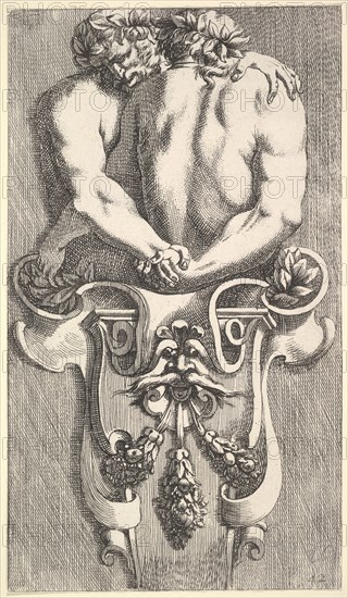 Design for a Term with Two Embracing Satyrs, from: Curieuses recherches de plusieurs beaus..., 1645. Creator: Jean le Pautre.