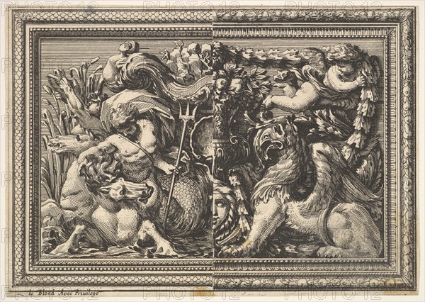 Design for a Panel with Two Variants containing a Hippocamp and a Griffin, from: Ornements..., 1651. Creator: Jean le Pautre.