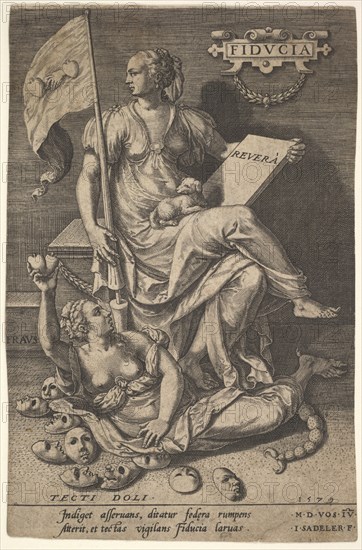 Fiducia, a seated woman holds a book and banner while turning her head away from a bare-br..., 1579. Creator: Johann Sadeler I.